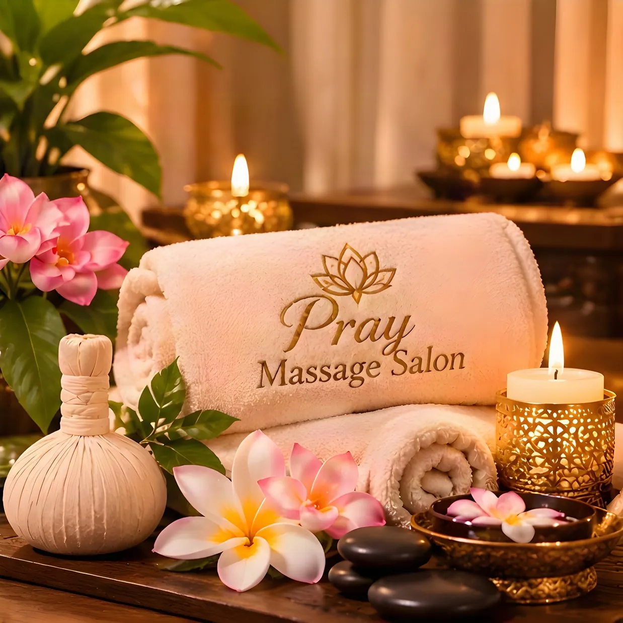 Opgerolde handdoeken met het Pray-logo, kruidenstempel, kaarsen en frangipani