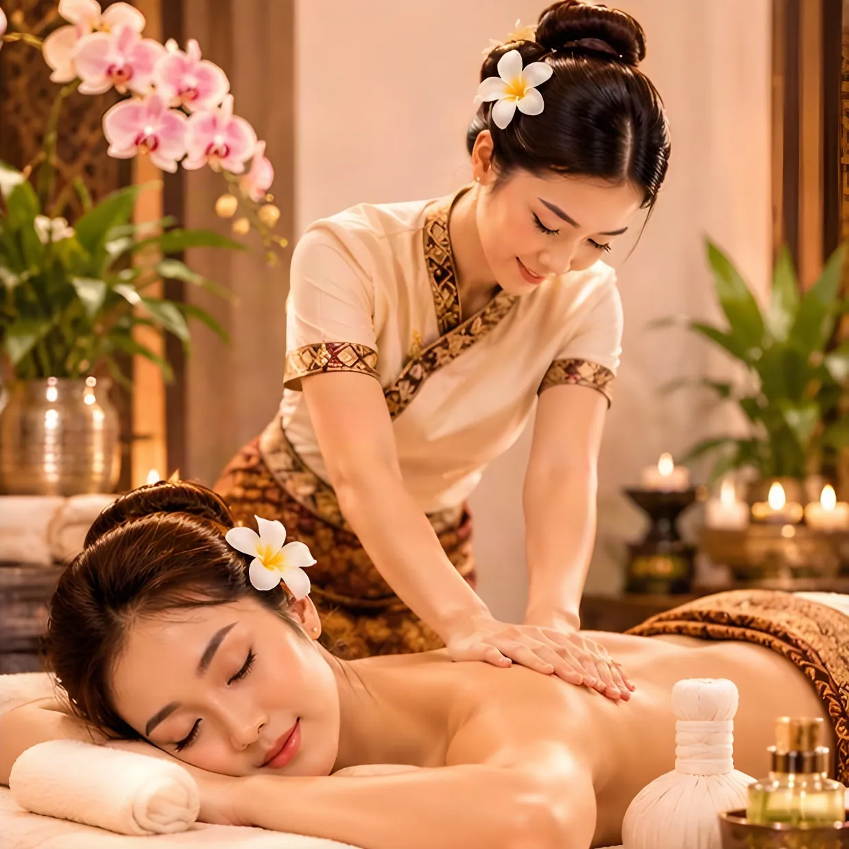 Ontspannende Thaise rugmassage met warme handen
